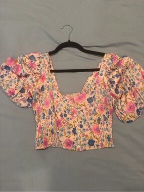saltwater LUXE Floral Puff-Sleeve Crop Top in Pink, Blue and Cream